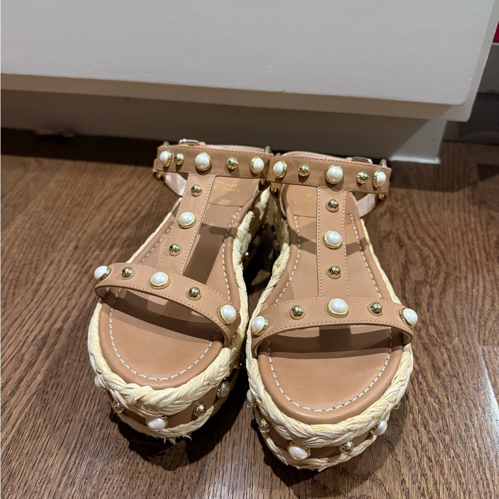 Stuart Weitzman Tan Espadrille Sandals with Studs